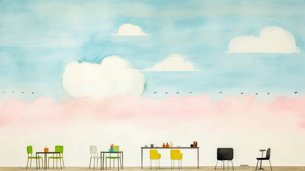 Bunte Aquarelle mit Cafe, Stuhl, Tisch und Wolken. Minimalistisch, Digital AI od Miro May