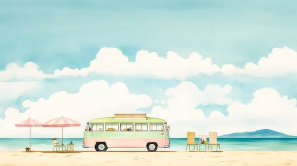 Bunte Aquarelle mit einem VW Bus am Strand. Wolken, Meer und Berge. Digital AI od Miro May