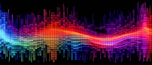 das farbenfrohe, lineare Muster elektronischer Wellenformen im Stil von Voxel-Kunst, Datenvisualisie od Miro May