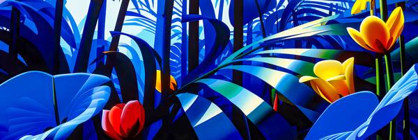 Ein leuchtend blauer Dschungel mit exotischen Pflanzen und tropischen Blumen od Miro May