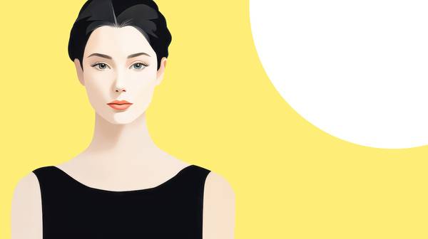 Ein minimalistisches Porträt einer Frau in einem schwarzen Top, vor einem strahlenden gelben Hinterg od Miro May