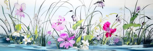 Farbenfrohe Blüten und zarte Wasserpflanzen schmücken den See im japanischen Stil, eine idyllische K od Miro May