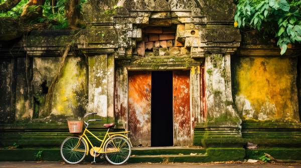 Gelbes Fahrrad vor einem Tempel auf Bali. Architektur und Farben in Asien. od Miro May