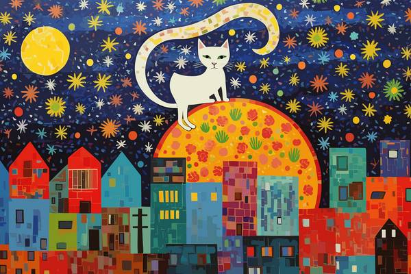 Katze auf dem Dach. Katze in der Nacht. Katze in der Stadt. Sternenhimmel, Tiere. Haustiere. od Miro May
