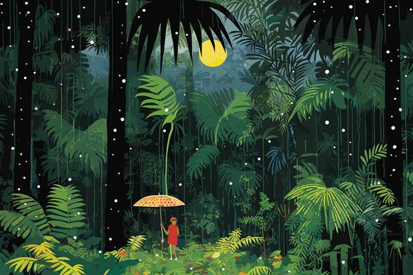 Mädchen mit Schirm im Wald beim Vollmond. Traumhafte Landschaft. Verträumtes Mädchen od Miro May