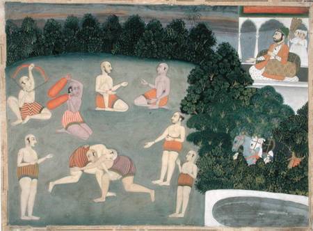 Athletes perform before a seated noble od Mughal School