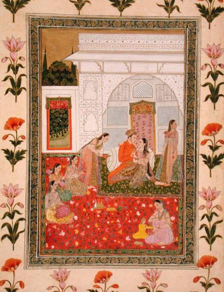 Couple with female attendants and musicians, from the Small Clive Album od Mughal School