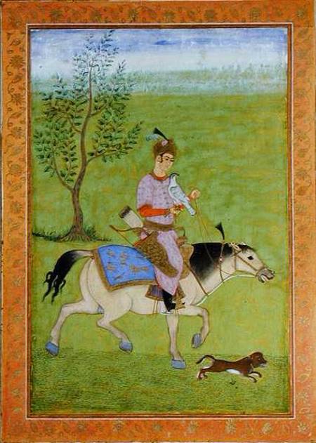 A prince hawking on horseback, from the Large Clive Album  on od Mughal School