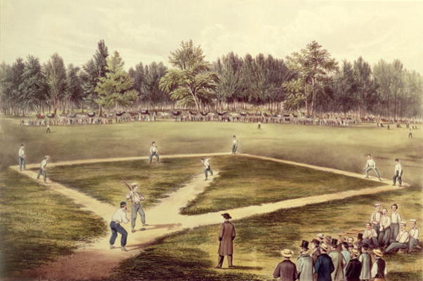 The American National Game of Baseball - Grand Match at Elysian Fields, Hoboken, NJ, 1866 (colour li od N. Currier