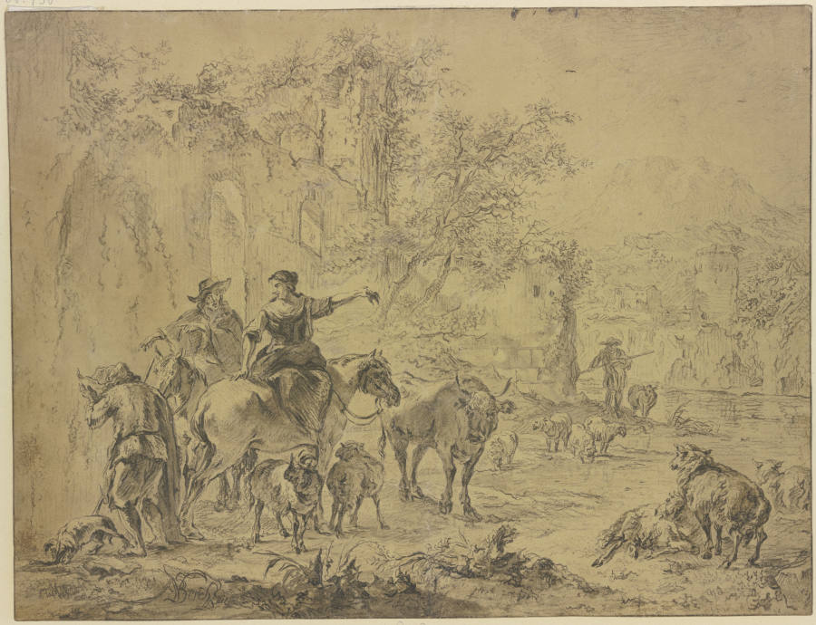 Bei Ruinen links Hirte und Hirtin zu Pferde, trinkender Hirte zu Fuß an einem Fluß od Nicolaes Berchem