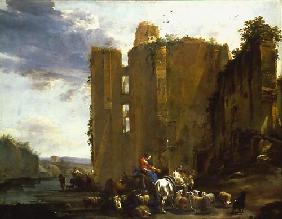 Italian ruin landscape with cattle herd