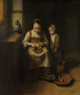 A Woman scraping Parsnips, with a Child standing by her