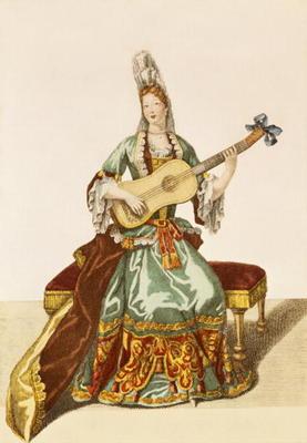 Lady of Quality Playing the Guitar, fashion plate, c.1695 (engraving)