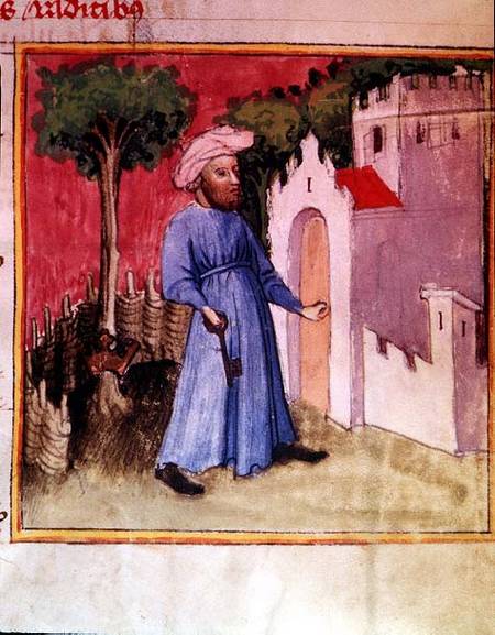 Allegorical illustration showing an Arab unlocking the gate of Knowledge, reputedly written and illu od Nicolas Flamel