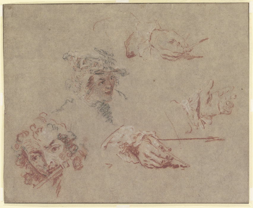 Kopf eines Flötisten, Kopf eines jungen Mannes mit flachem Barett, drei Hände, zwei Zeichenstift und od Nicolas Lancret