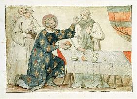 Ms 1779 fol.81 St. Louis feeding a miserly monk, from ''Memoires pour la Vie de Saint Louis''