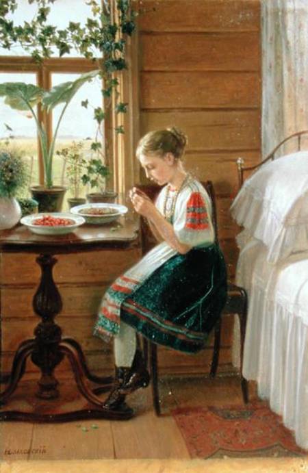 Girl Peeling Berries od Nikolai Mikhailovich Bykovsky