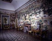 The 'Sala Cinese' (Chinese Room) detail of the fireplace and decorative wallpaper made from soya, de