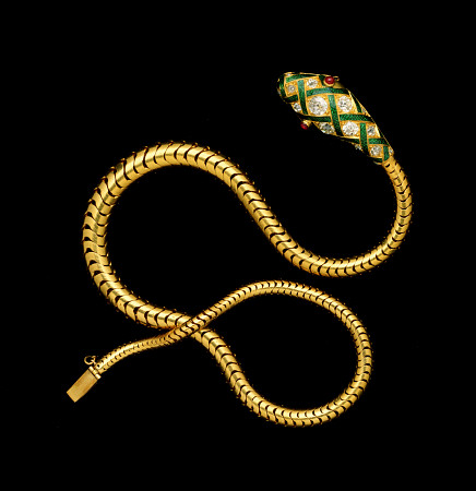 A Fine Victorian Diamond, Gold And Enamel Flexible Serpent Necklace, Circa 1860 od 
