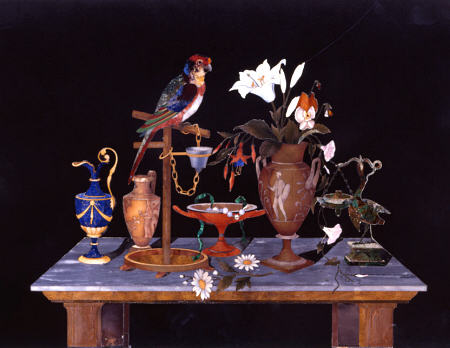 A Florentine Pietra Dura Plaque With A Parrot On Its Perch On A Table  With An Etruscan Krater Vase, od 