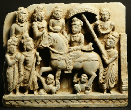 A Gandhara Style Green Steatite Relief Panel Depicting The Great Departure, Siddhartha Wearing Princ od 