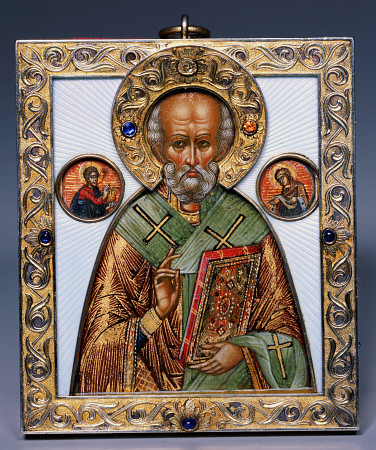 A Jewelled Silver-Gilt And Guilloch? Enamel Icon Of Saint Nicholas, Marked K od 