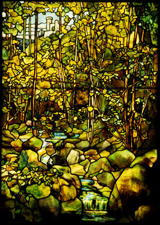 A Leaded Glass Window Of A Woodland Scene By Tiffany Studios od 