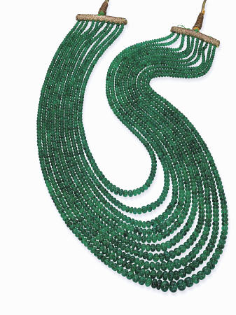An Impressive Emerald Bead Necklace With Ten Graduated Strands Of Emerald Beads Weighing Approximate od 
