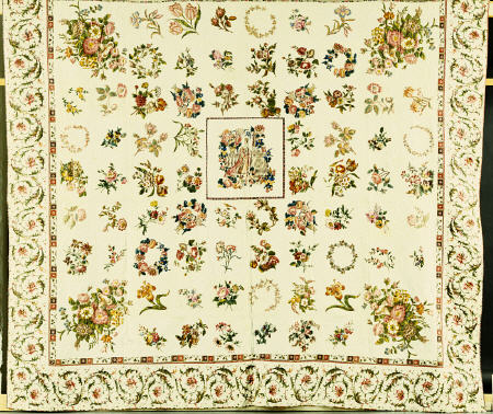 A Pieced And Appliqued Cotton Quilted Coverlet, American, 1844 od 