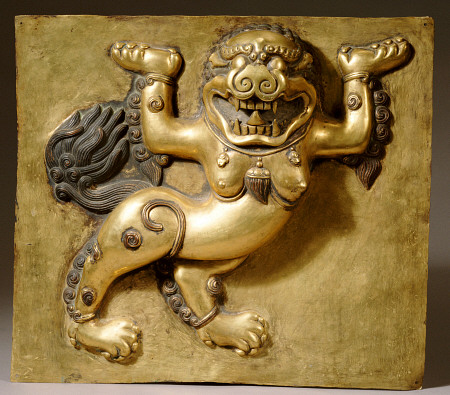 A Tibetan Gilt-Copper Panel Cast In Deep Relief With A Lion, Standing On Both Hind Legs, 18th Centur od 