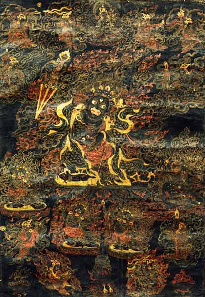A Black Tibetan Thanka In Gold, Grey And Red Depicting Dharmapala od 