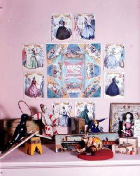 American alphabet blocks, c.1870, and English clown from a toy circus, c.1870