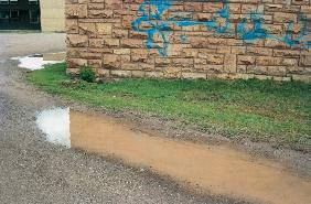 Blue graffiti at puddle (photo) 