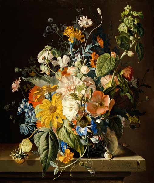 Poppies, Hollyhock, Morning Glory, Viola, Daisies, Sweet Pea, Marigolds And Other Flowers In A Vase od 