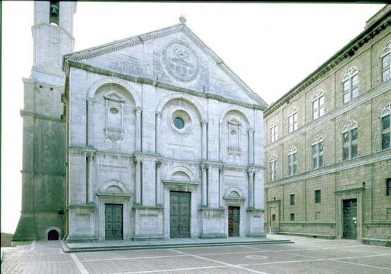 Facade of the Cathedral designed by Bernardo Rossellino (1409-64), the pediment bearing the papal ar od 