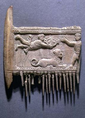 Fragment of a hair comb seen from the back with a relief depicting a religious scene, Greek (ivory) od 