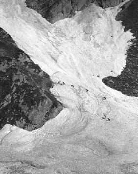 Goats crossing snow tongue, Amarnath caves (b/w photo) 