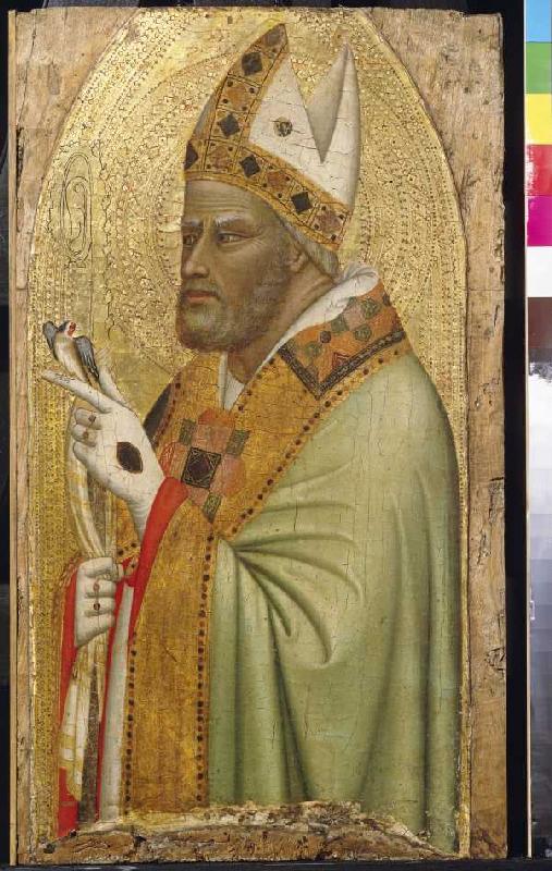 Halbfigur eines heiligen Bischofs mit einem Stieglitz. od 