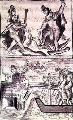 Ms Laur. Med. Palat. 220 f.471 (TtoB) Quauhtenco and Mayenatzin punishing traitors; the Spanish flee od 