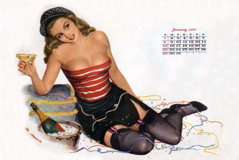 Pin Up celebrating new year with champagne, drawing by Al Moore from Esquire Girl calendar od 