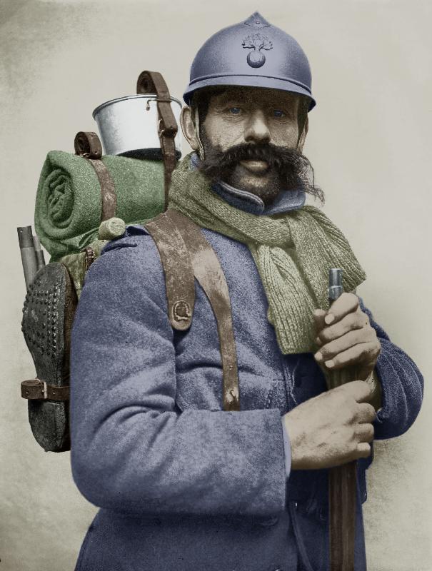 Portrait of a French soldier dressed with his sky blue military uniform and carrying a backpack, wit od 