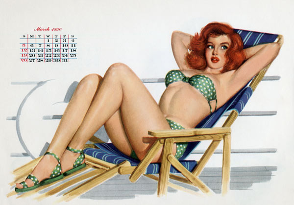 Pin up in bikini on a deckchair on a boat, tanning, from Esquire Girl calendar od 