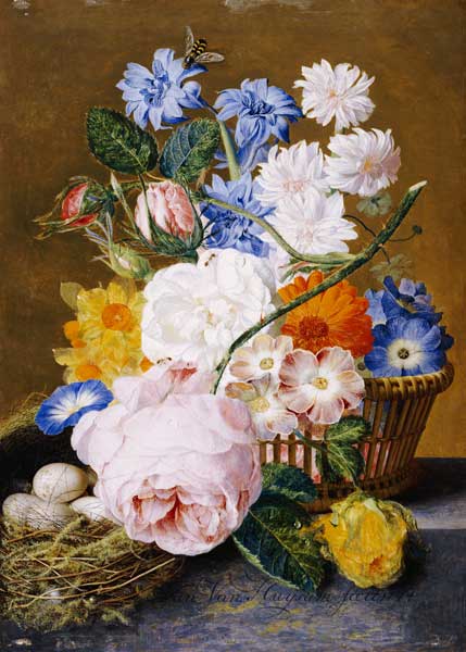 Roses, Morning Glory, Narcissi, Aster And Other Flowers In A Basket With Eggs In A Nest On A Marble od 