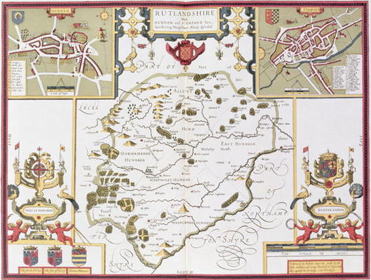 Rutlandshire with Oukham and Stanford, engraved by Jodocus Hondius (1563-1612) from John Speed's 'Th od 