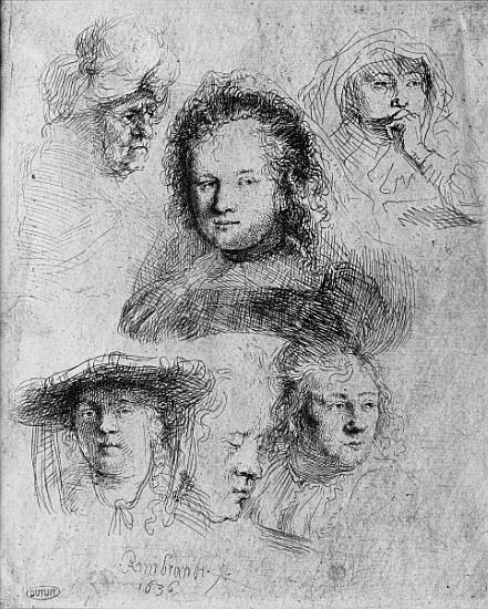 Six heads with Saskia van Uylenburgh (1612-42) in the centre od 
