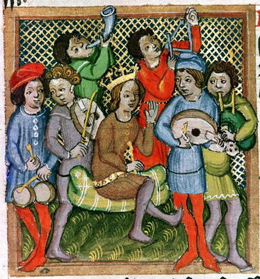 Seated crowned figure surrounded by musicians playing the lute, bagpipes, triangle, horn, viola and od 