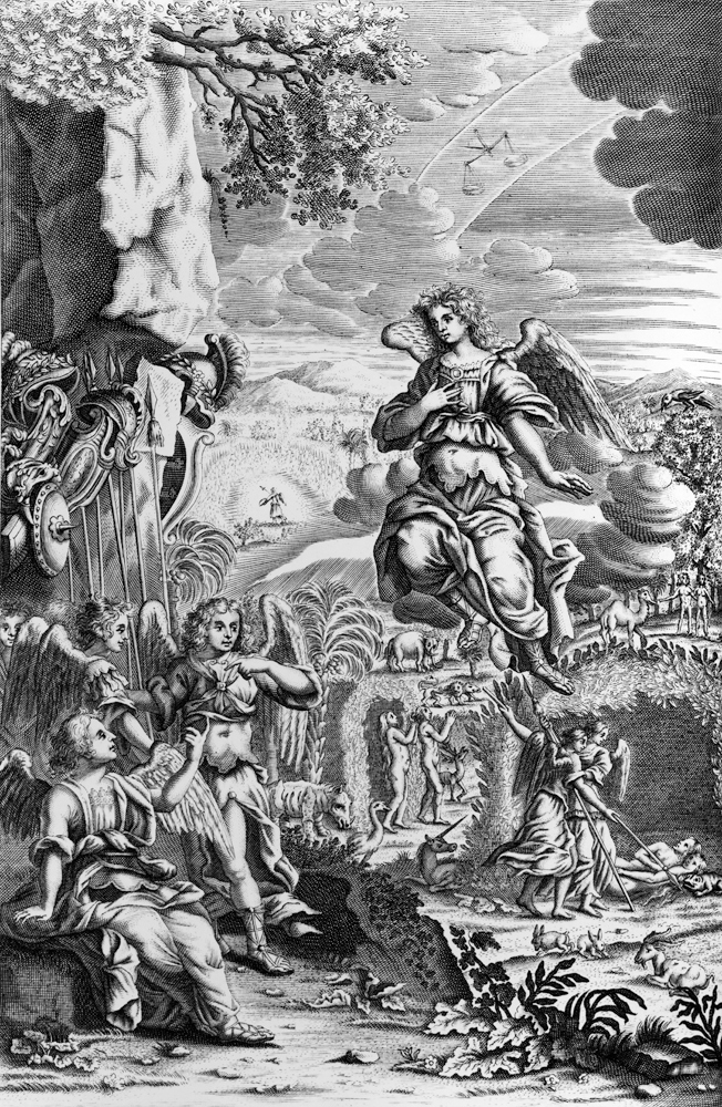 The archangel Uriel informs Gabriel that Satan is in the Garden of Eden, illustration from ''Paradis od 