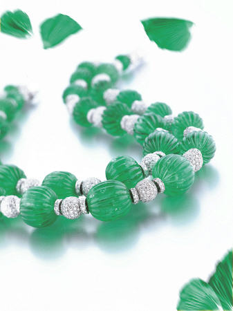 Two Magnificent Fluted Emerald Bead And Diamond Necklaces Comprising Seventeen And Fifteen Fluted Em od 