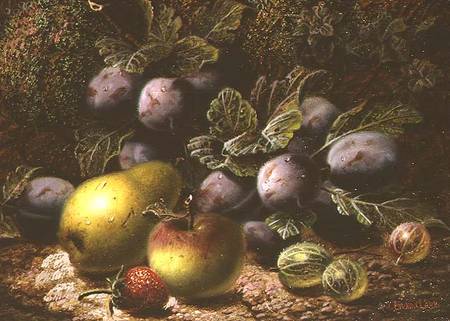 Still Life with Plums, Gooseberries, Apple, Pear and Strawberry od Oliver Clare