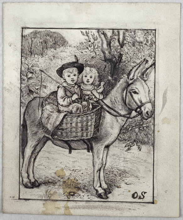 Ein Junge und ein Mädchen auf einem Esel od Otto Scholderer